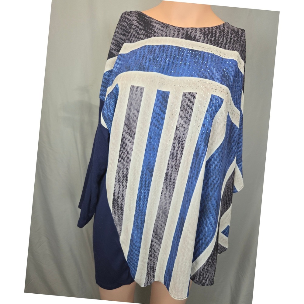 French Blue Geometric Tunic Top 2X  Rhinestone Embellished Art Deco Bold Graphic